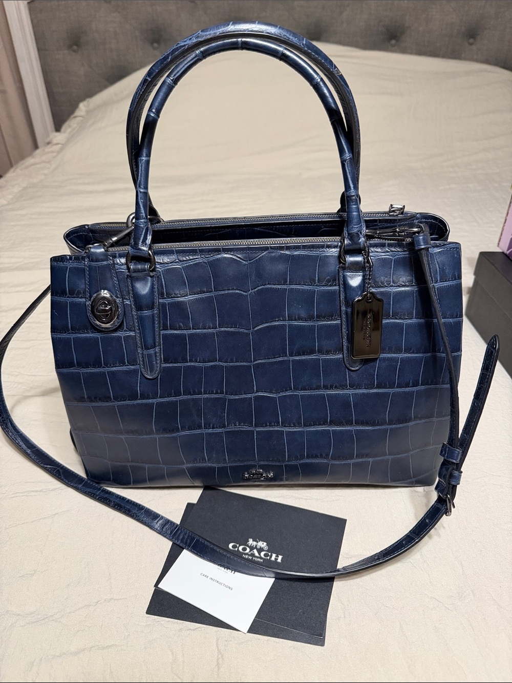 Coach Croc-Embossed Navy Leather Satchel with Strap